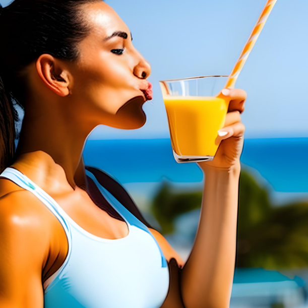 lady drinking orange juice from a glass with straw
